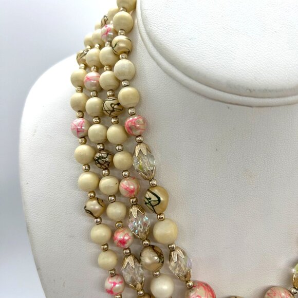 Vintage 4-Strand Japan Necklace Pink Swirled Beads Glass Acrylic Gold-Tone 1950s - Picture 7 of 16
